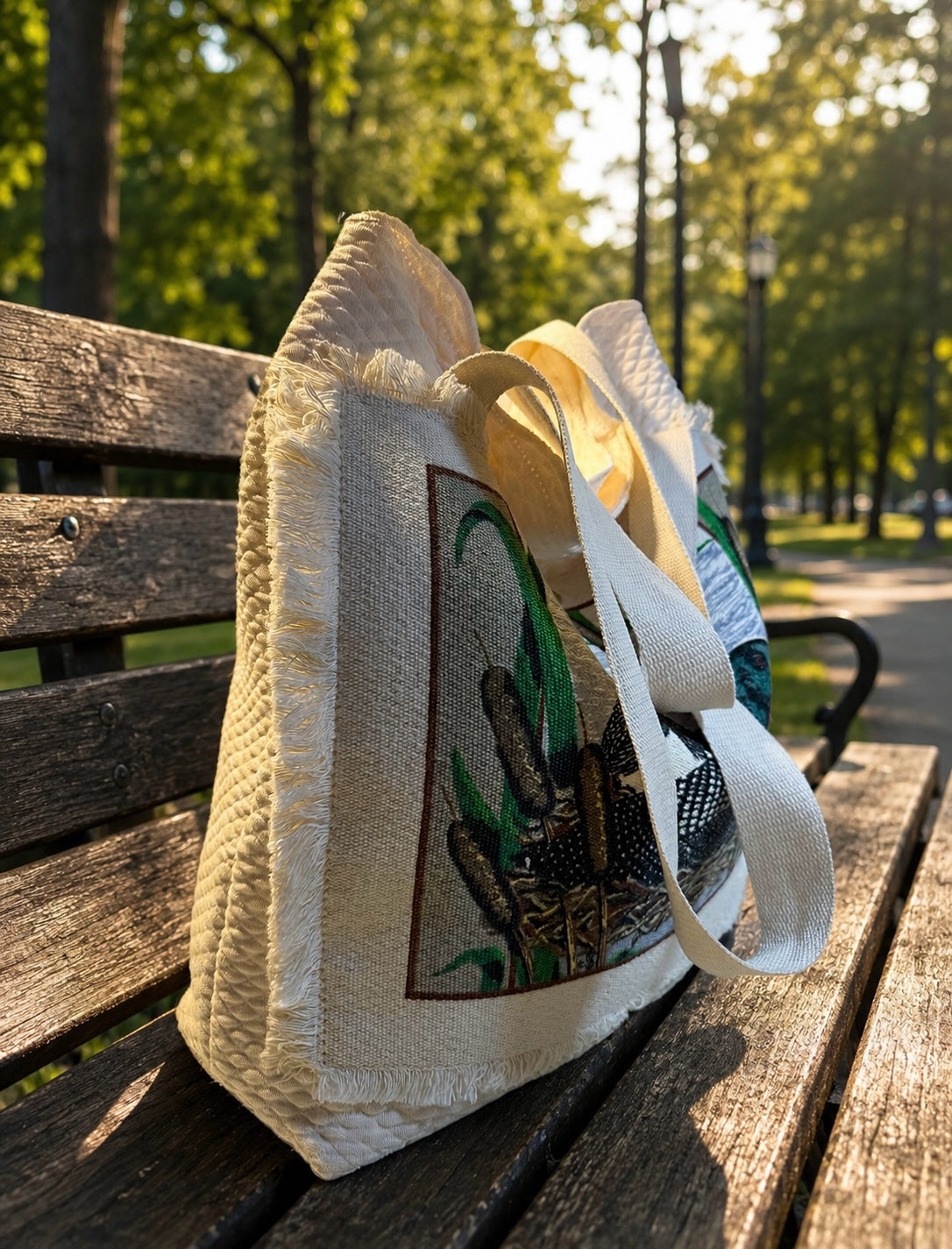 Only One Royal off-white quilted canvas tote bag with botanical embroidery and frayed edges on a wooden park bench.
